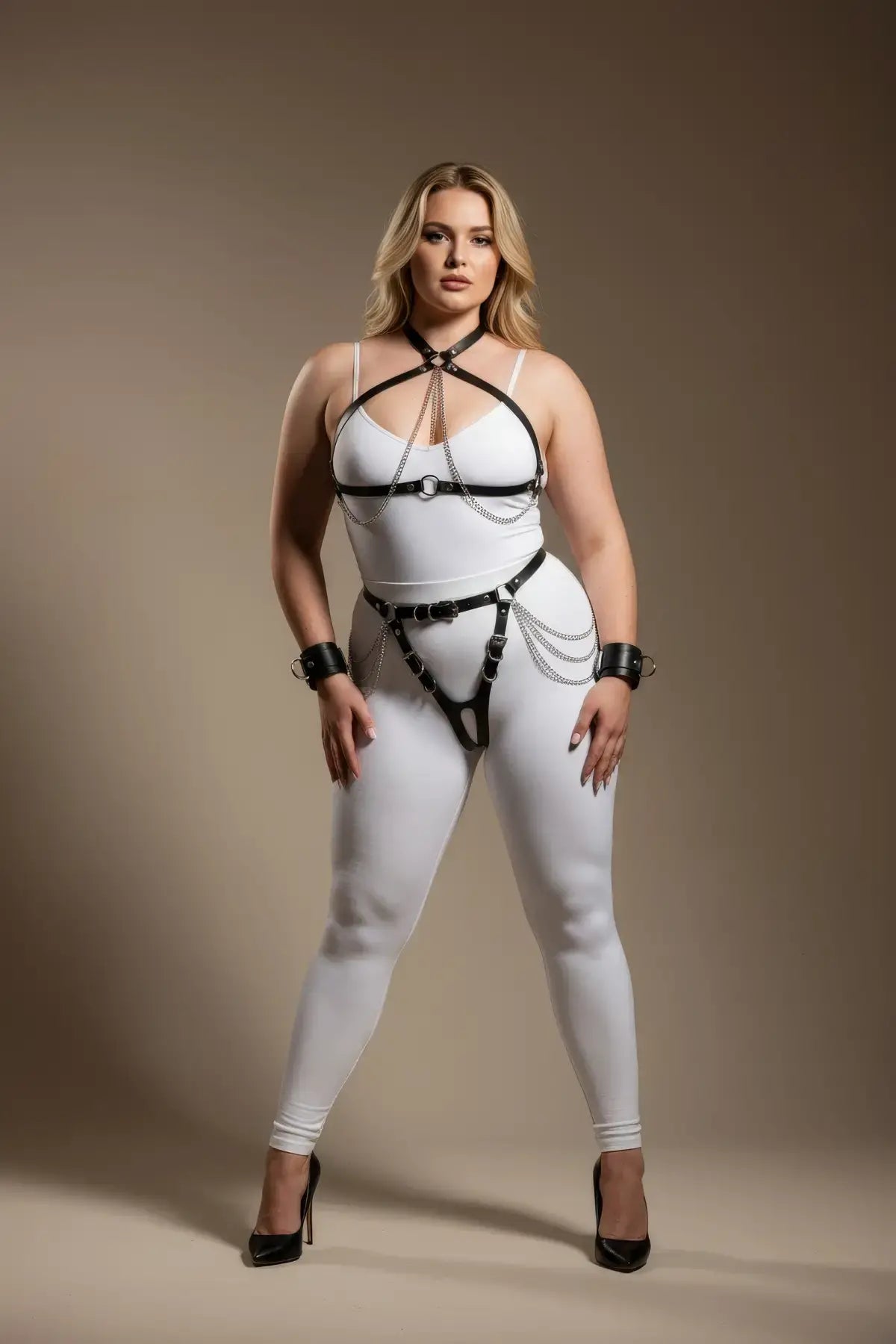 HarnessClub plus-size black chain and garter faux leather harness set with silver chains, full-body accessory