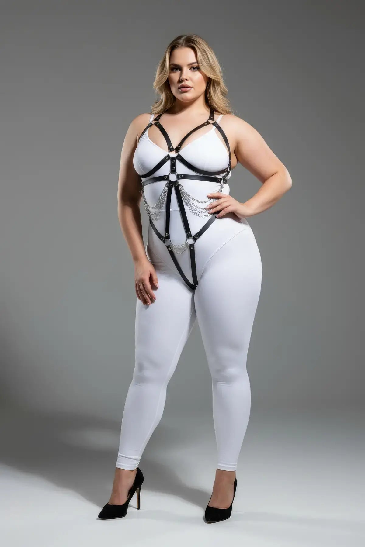 Plus Size Black Chain and O-Ring Faux Leather Body Harness on model with white bodysuit and silver chains.