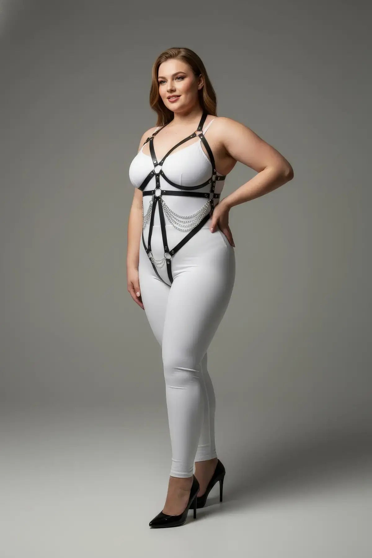 Plus size black faux leather body harness with chain and O-rings, HarnessClub