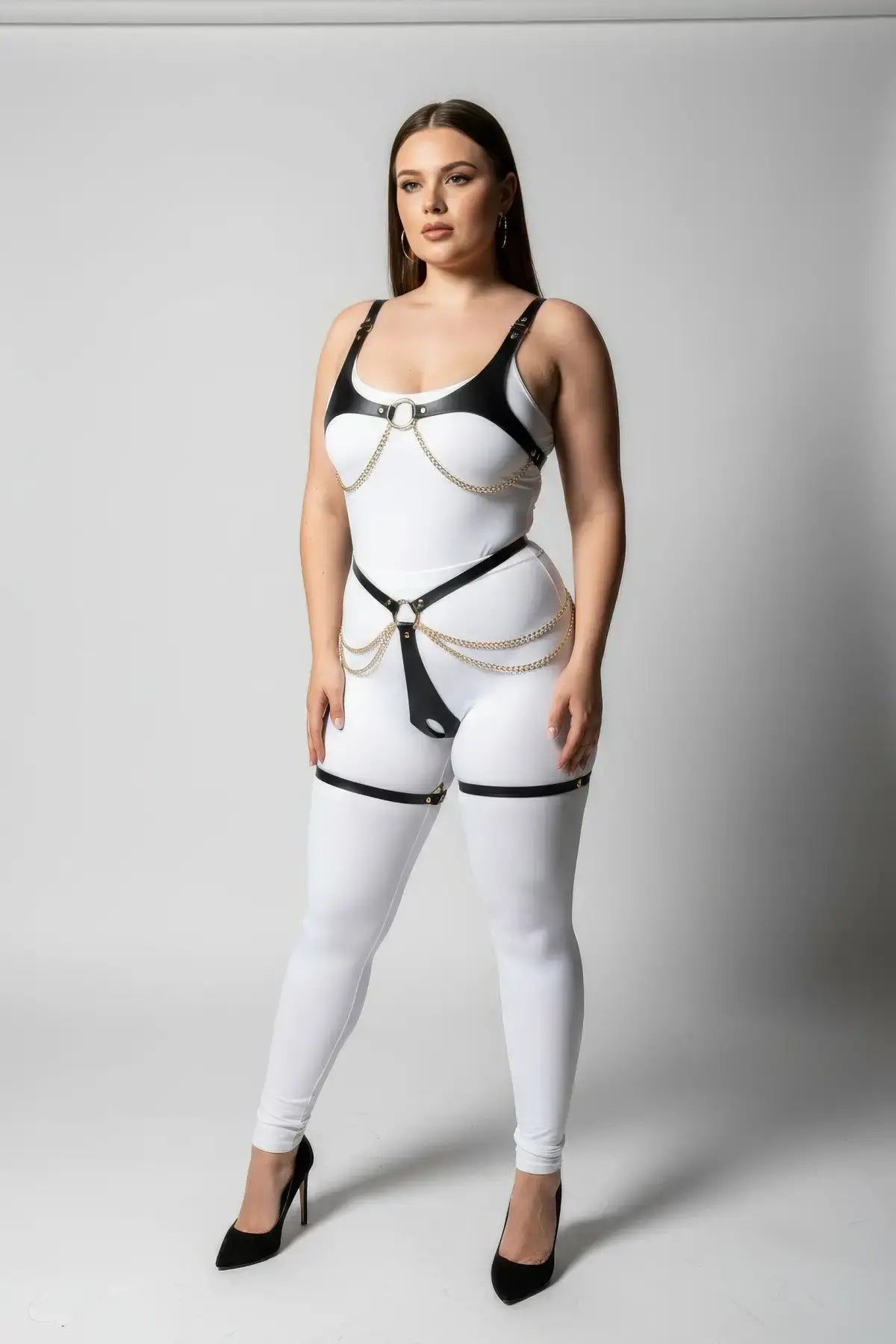 Plus-size black chain and O-ring faux leather body harness set by HarnessClub
