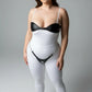 Plus-size black faux-leather two-piece harness set with chain and O-ring worn over white bodysuit