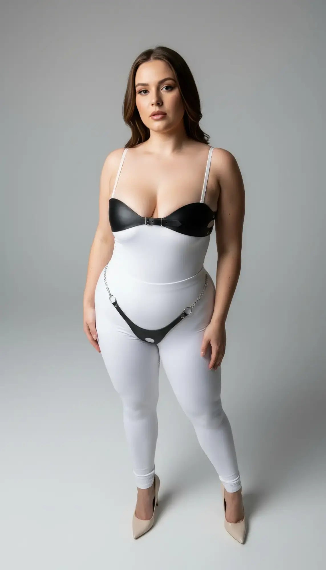 Plus-size black faux-leather two-piece harness set with chain and O-ring worn over white bodysuit
