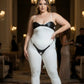 Plus-size black faux-leather harness set with chain and O-rings over white bodysuit on model