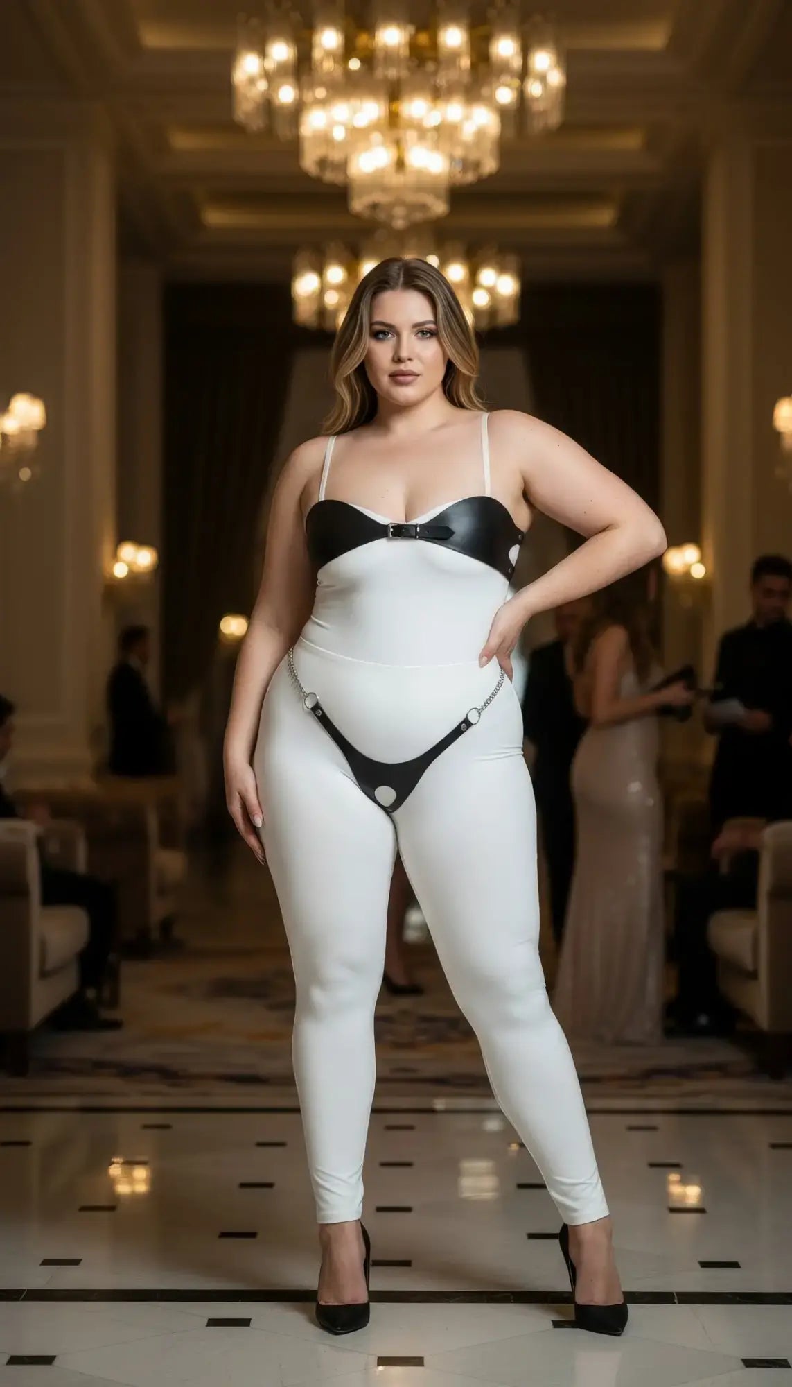 Plus-size black faux-leather harness set with chain and O-rings over white bodysuit on model