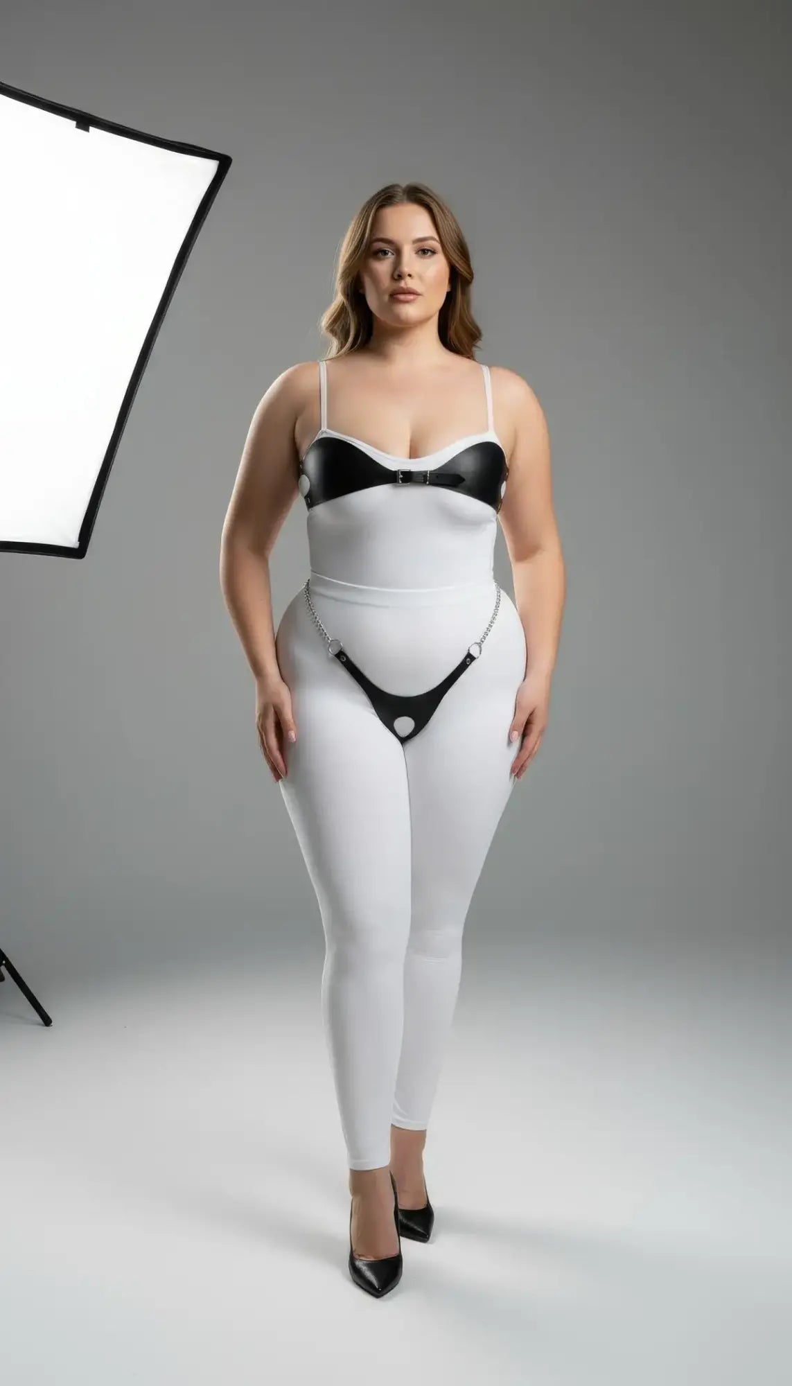 Plus-size black chain and O-ring faux leather harness set, two-piece, worn over a white bodysuit