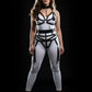 Plus Size Black Chain-Back Vegan Leather Body Harness Set with metal rings and tassels worn over a white bodysuit