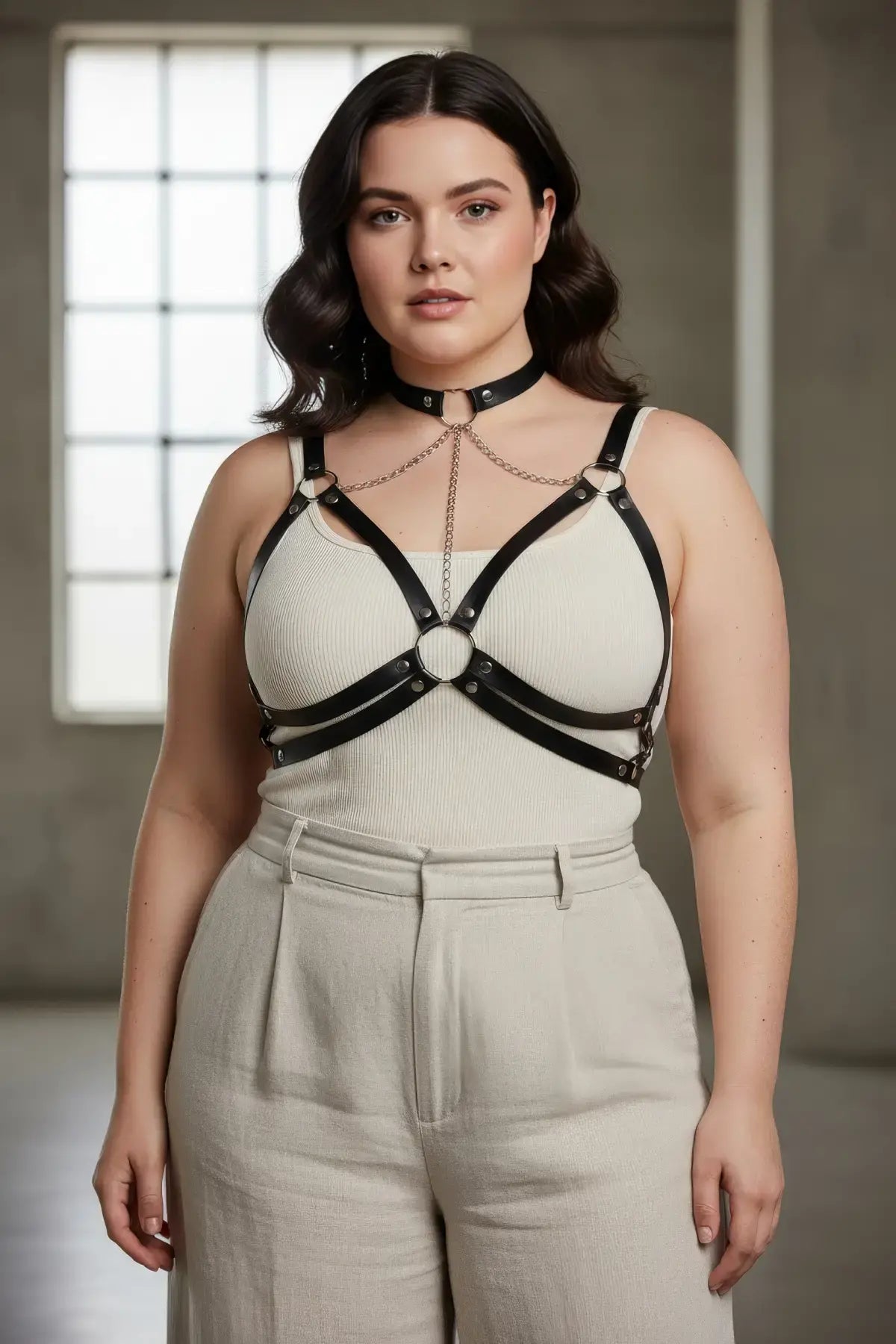 Plus size black vegan leather chain cage chest harness with metal rings by HarnessClub