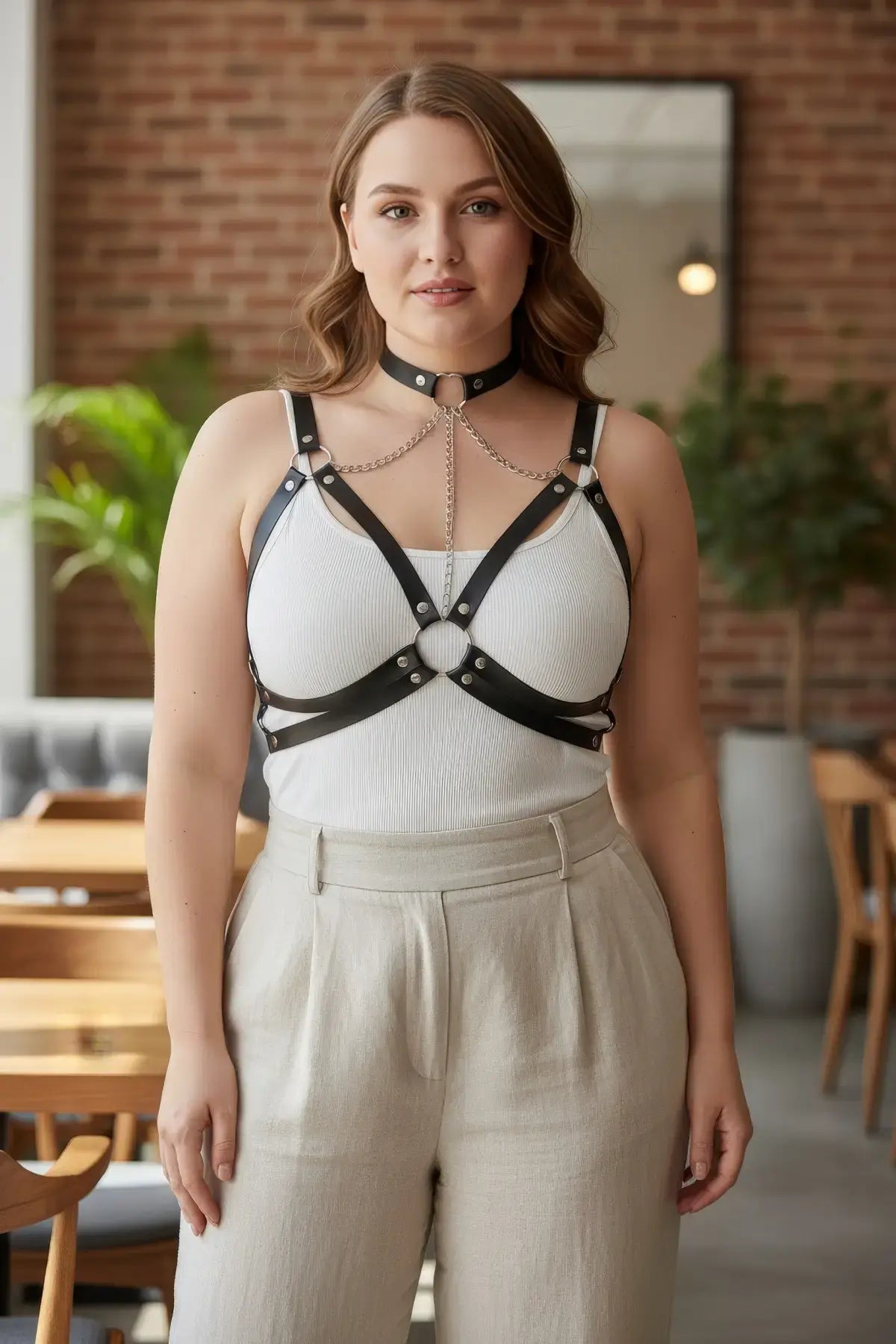 Plus size black chain cage chest harness, vegan leather with neck collar and chest rings worn over white top