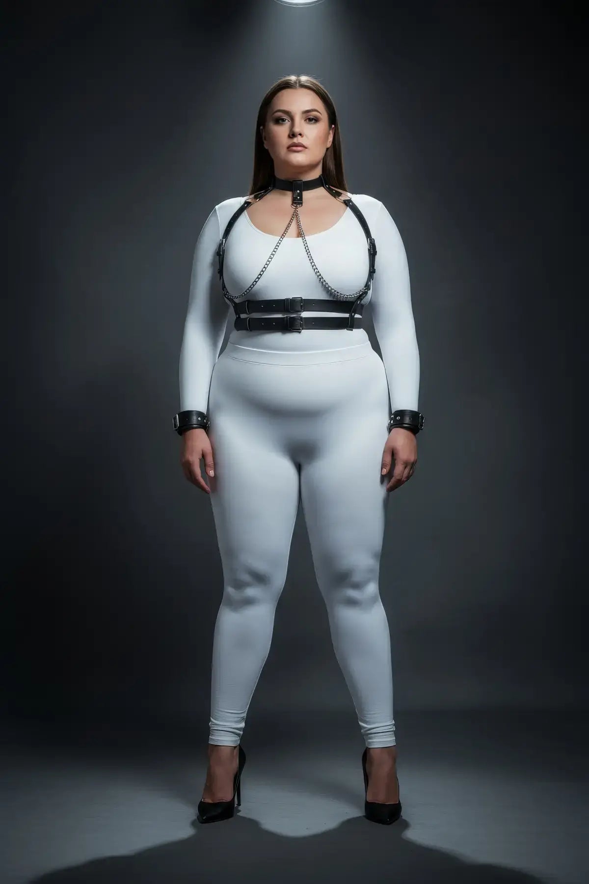 Plus size black chain chest harness and cuffs set; vegan leather with silver chains, HarnessClub