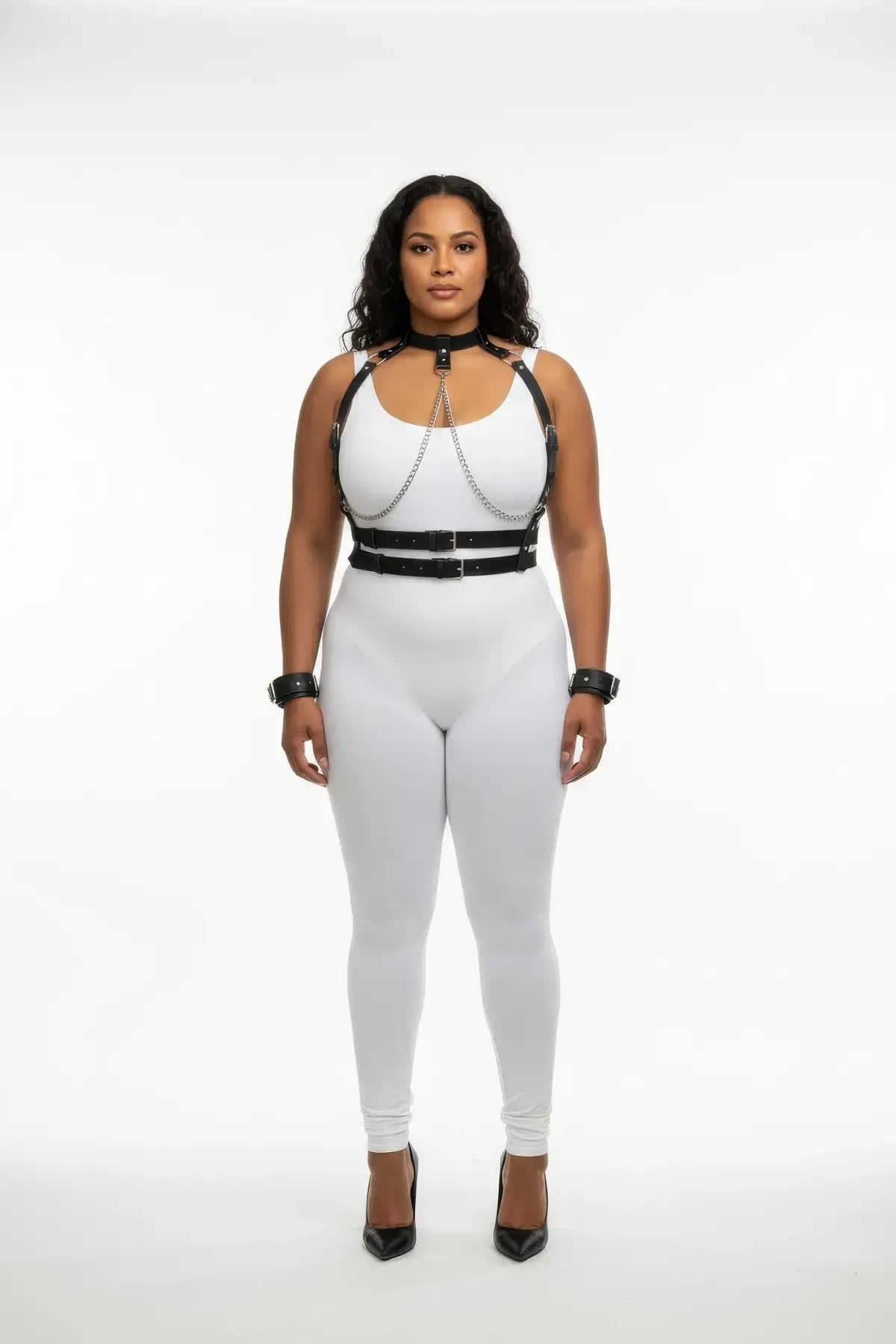 Plus Size Black Chain Chest Harness and Cuff Set by HarnessClub, vegan leather with silver chains