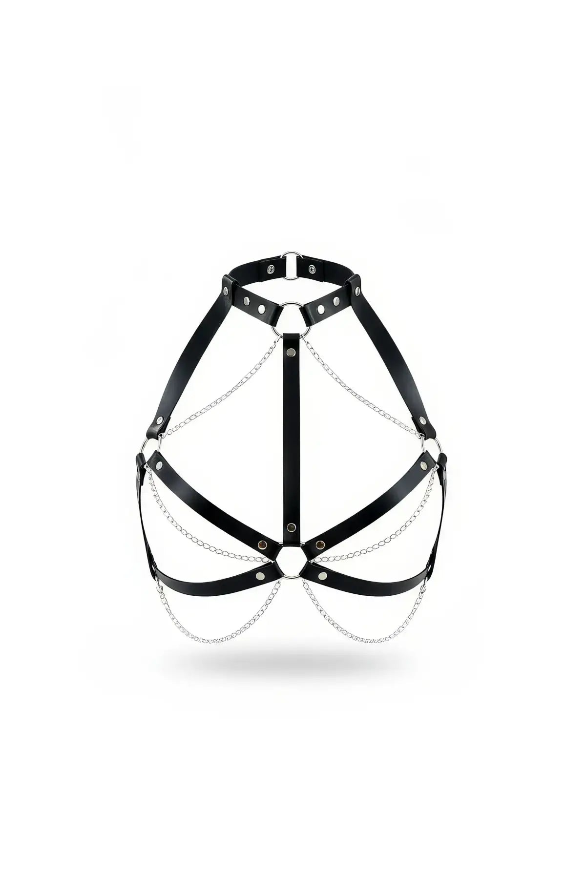 Plus Size Black Vegan Leather Chain Chest Harness by HarnessClub with silver chains