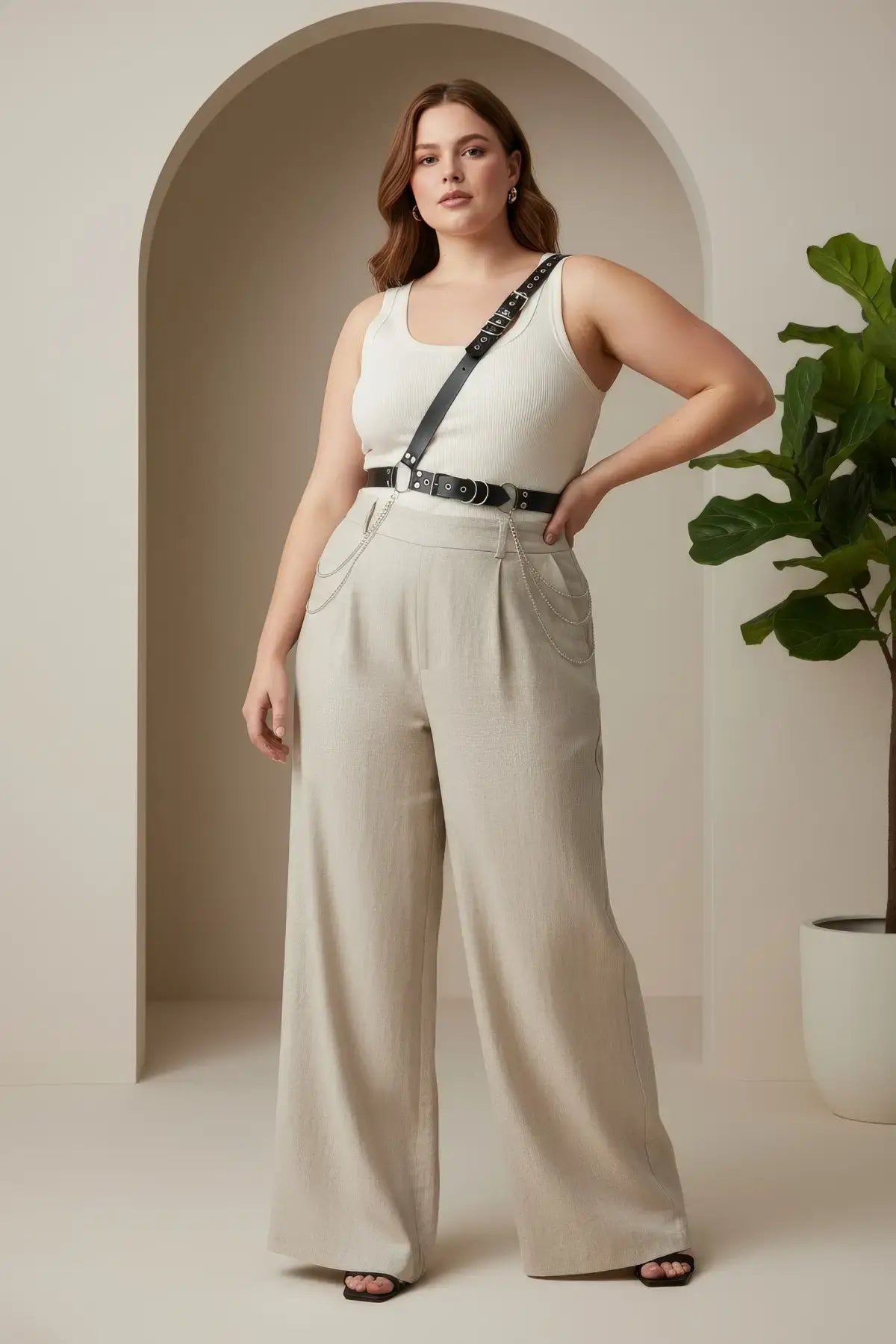 Plus-size black chain-detail body harness by HarnessClub, worn over a white tank top.