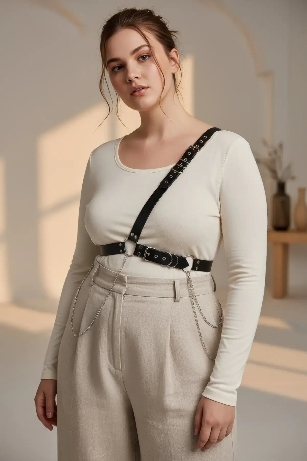 Plus Size Black Chain-Detail Body Harness worn over a white top; leather straps with metal rings