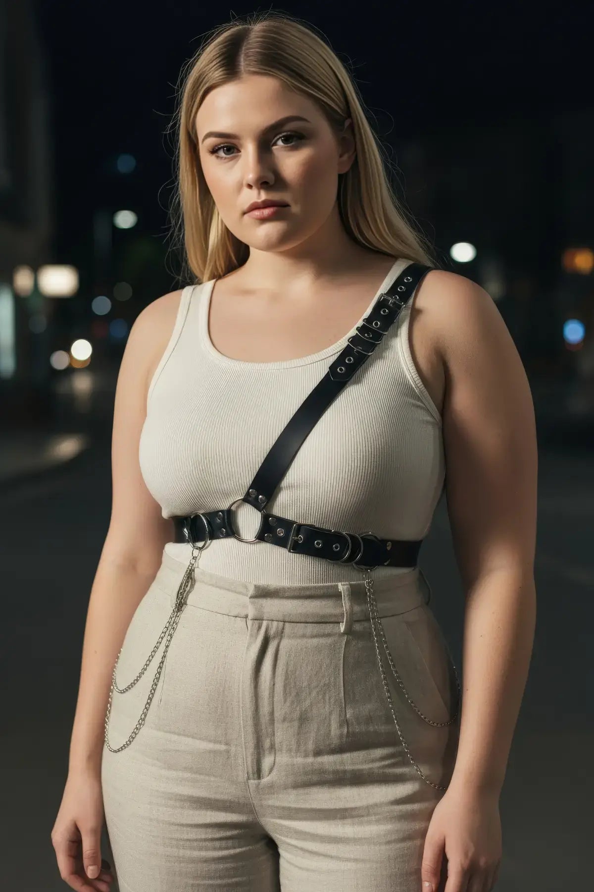 Plus-size black chain-detail body harness by HarnessClub worn over a white ribbed tank top