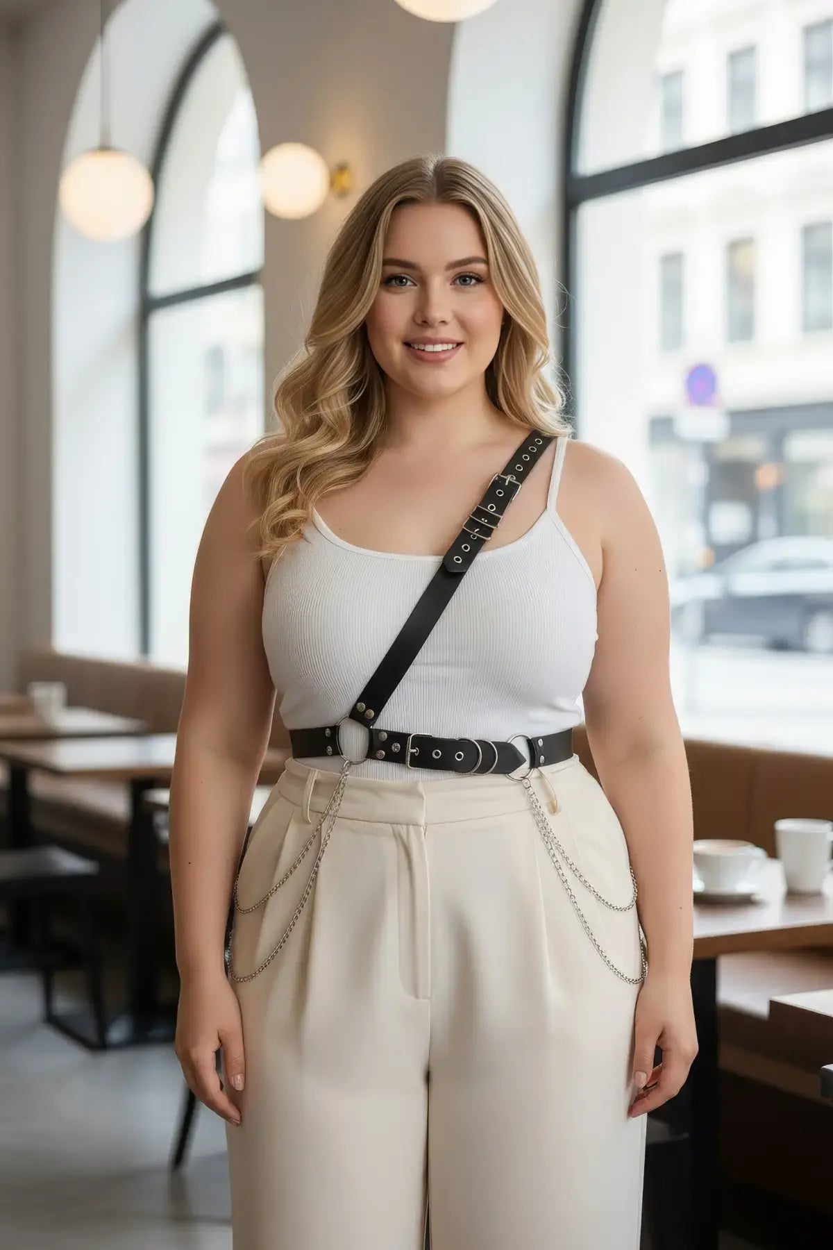 Plus-size black chain-detail body harness with metal buckles worn over a white tank top