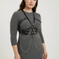 Plus Size Black Chain Detail Corset Harness by HarnessClub, vegan leather body accessory with silver chains