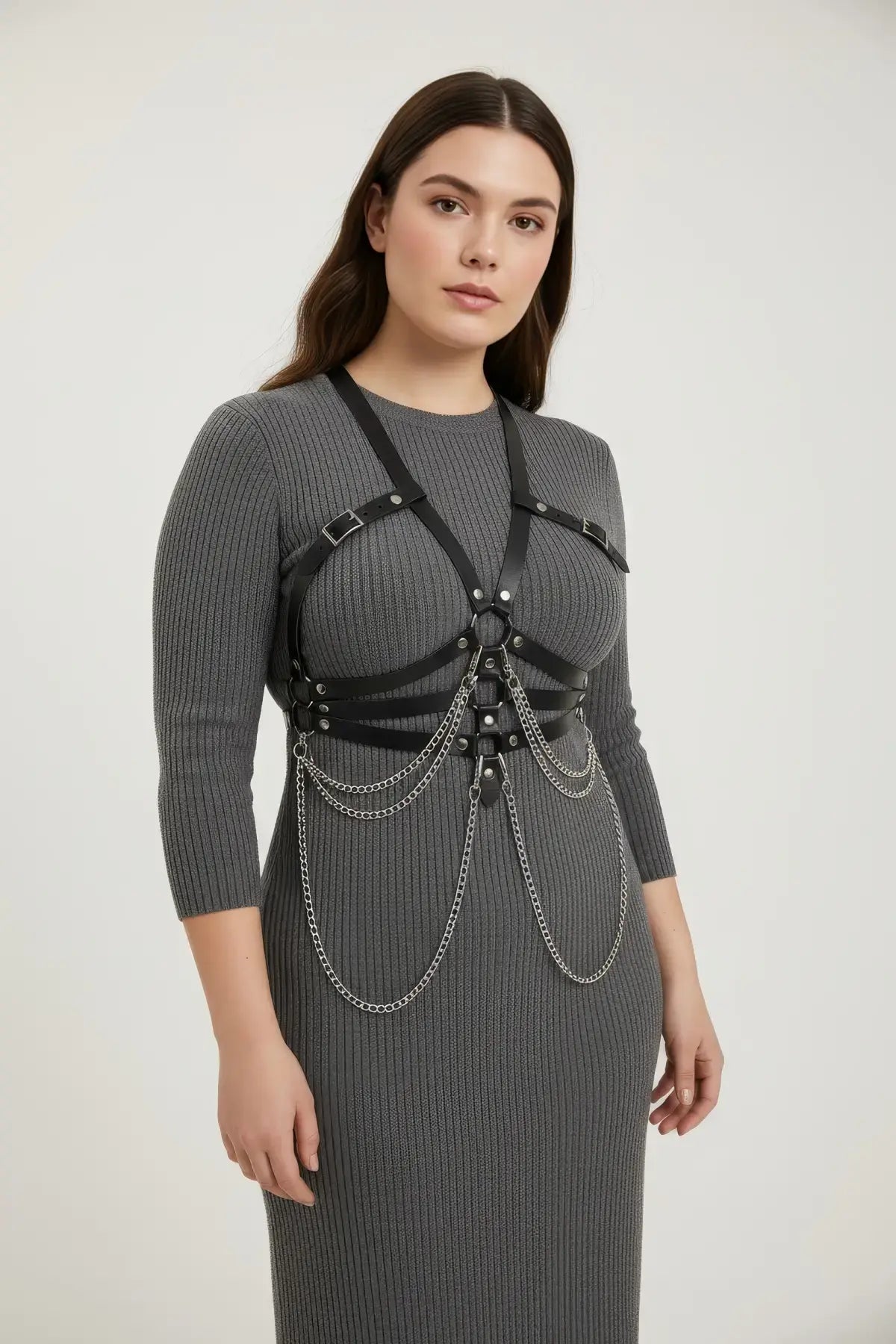 Plus Size Black Chain Detail Corset Harness by HarnessClub, vegan leather body accessory with silver chains