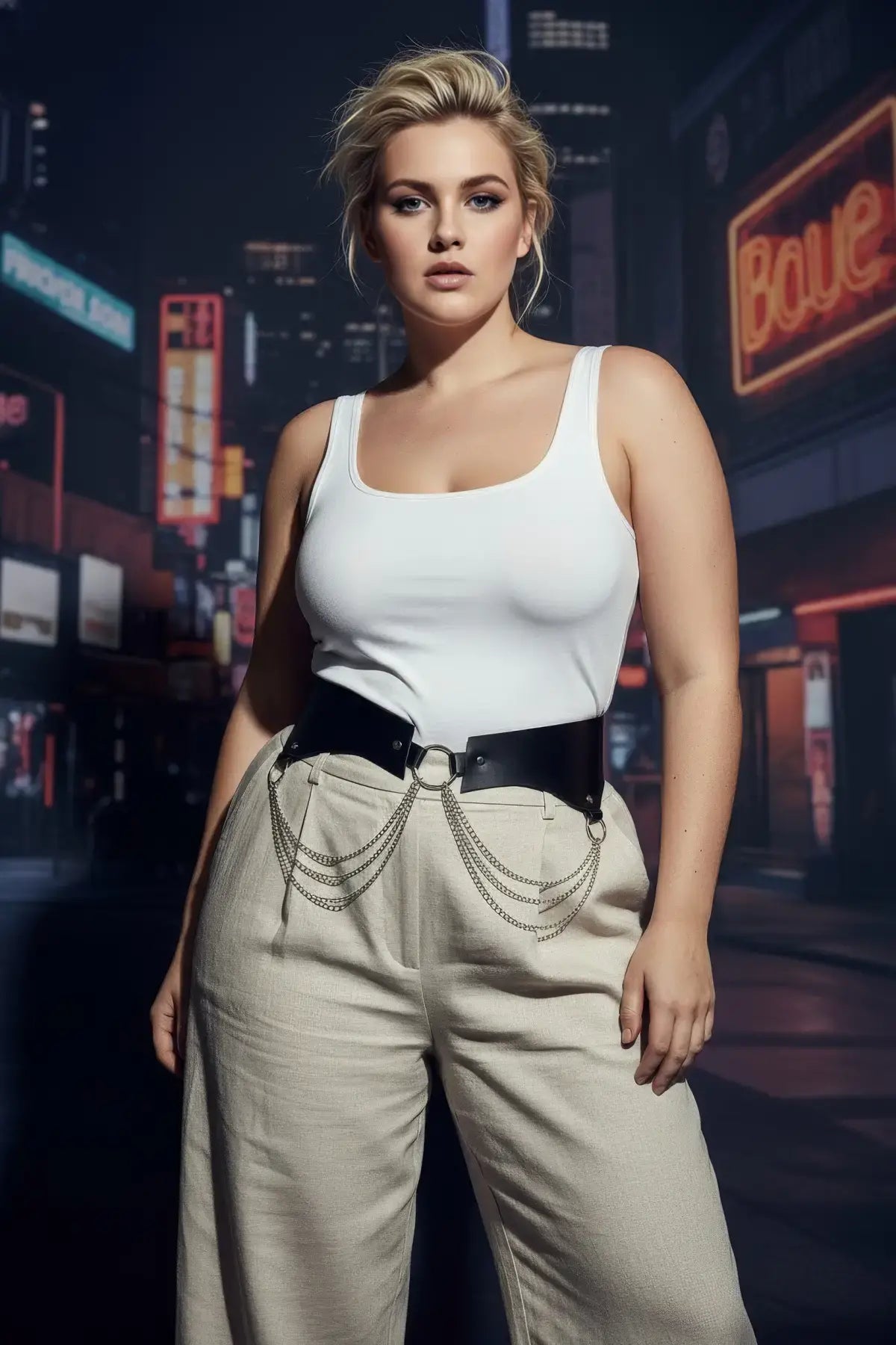 Plus-size black chain-detail corset harness in vegan leather worn over a white tank top