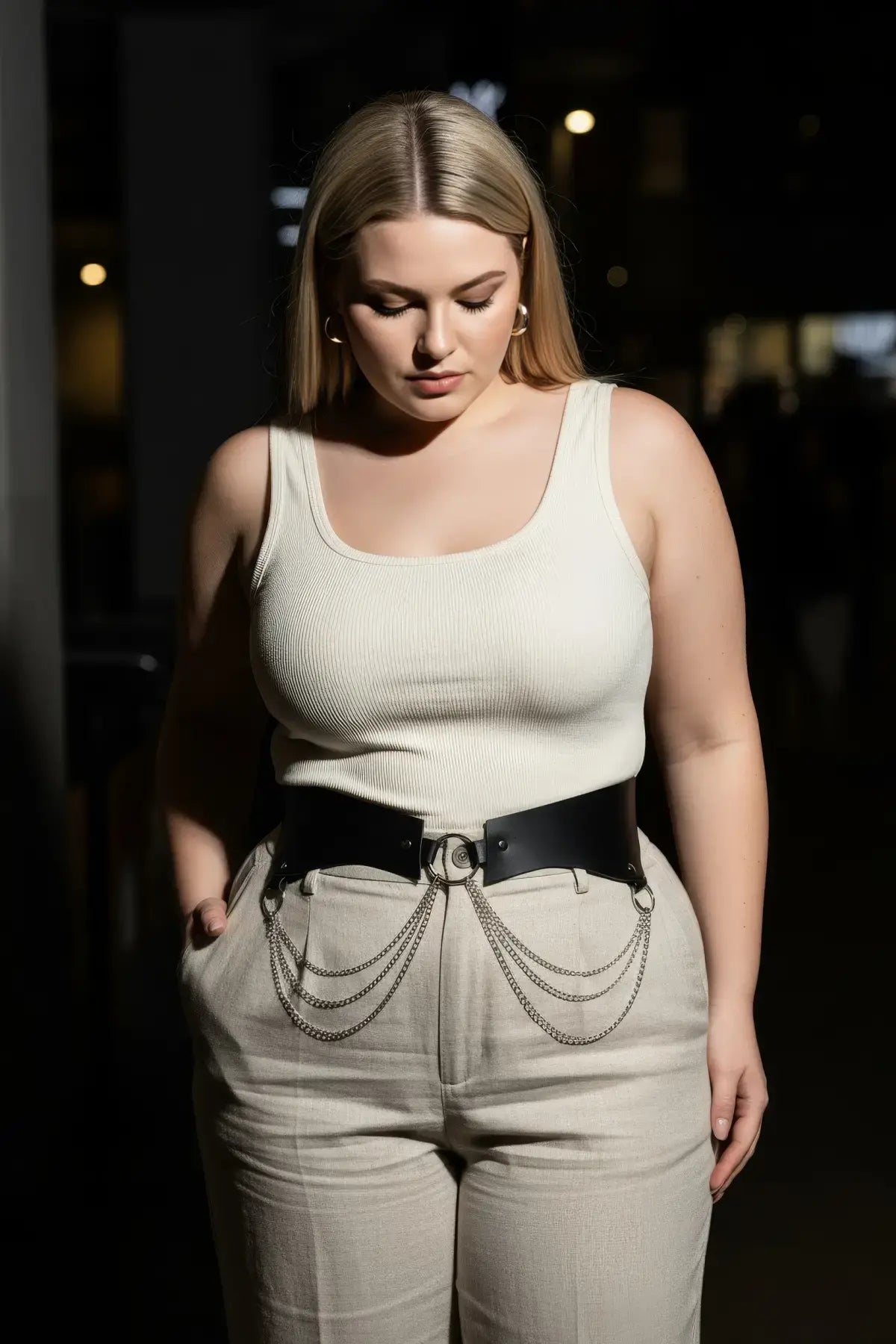 Plus-size black chain-detail corset harness worn over a white ribbed tank and beige pants with chain drapes