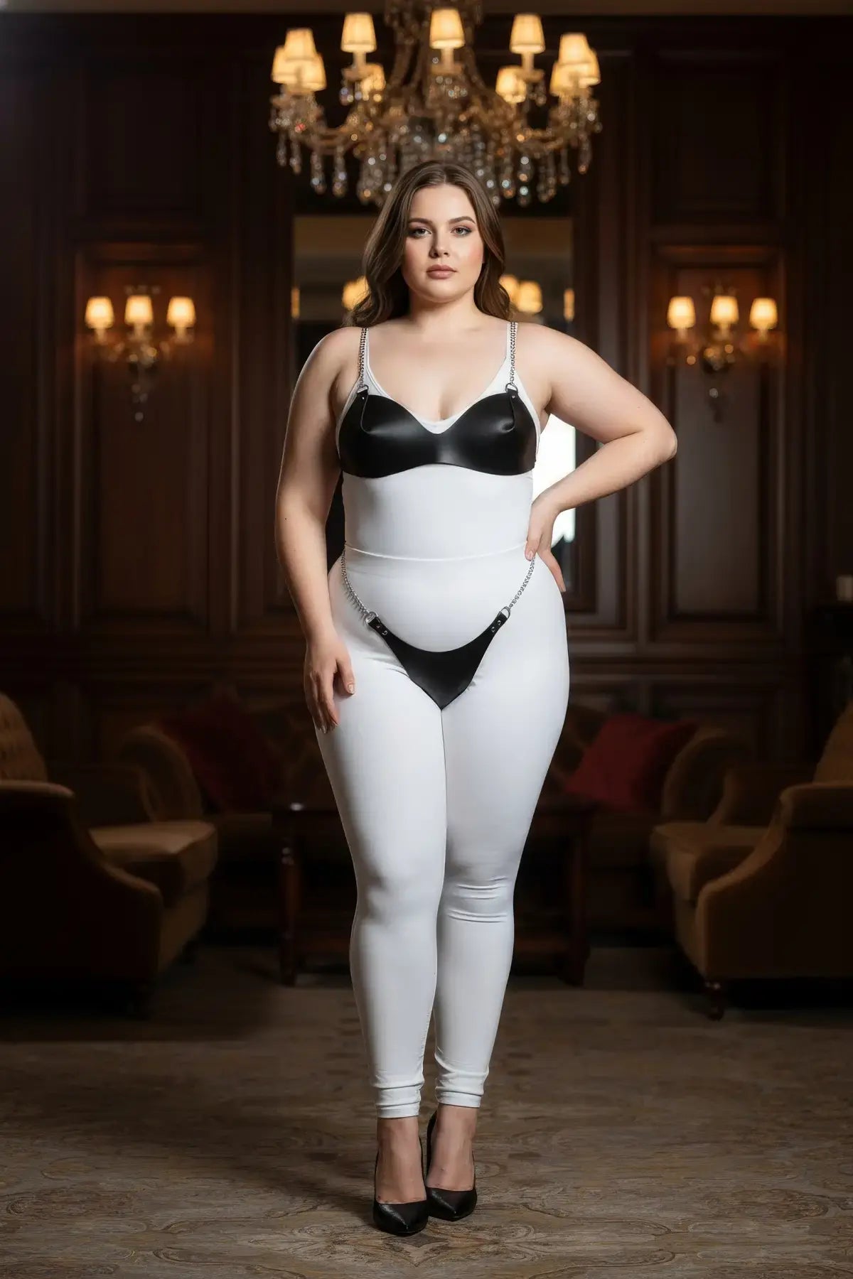 Plus-size HarnessClub black chain-detail faux leather look fantasy harness over white bodysuit