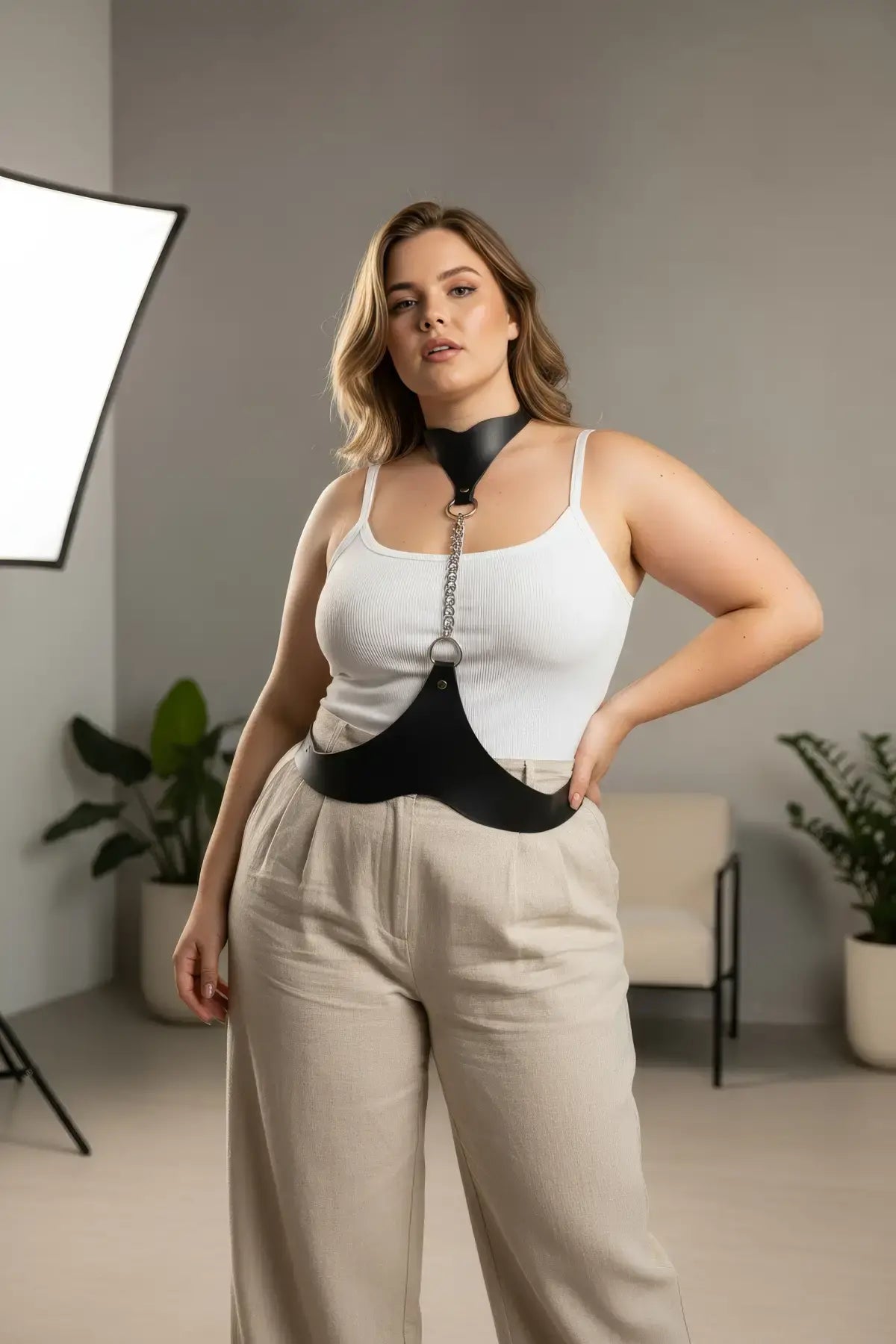 Plus-size black leather body belt with chain detail by HarnessClub