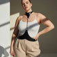 Plus Size Black Leather Body Belt with Chain Detail on model