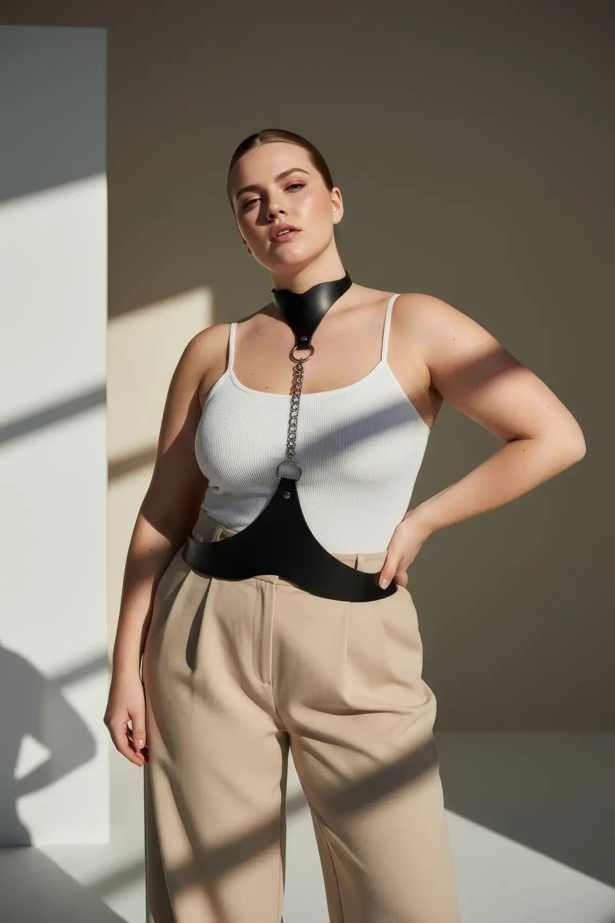 Plus Size Black Leather Body Belt with Chain Detail on model