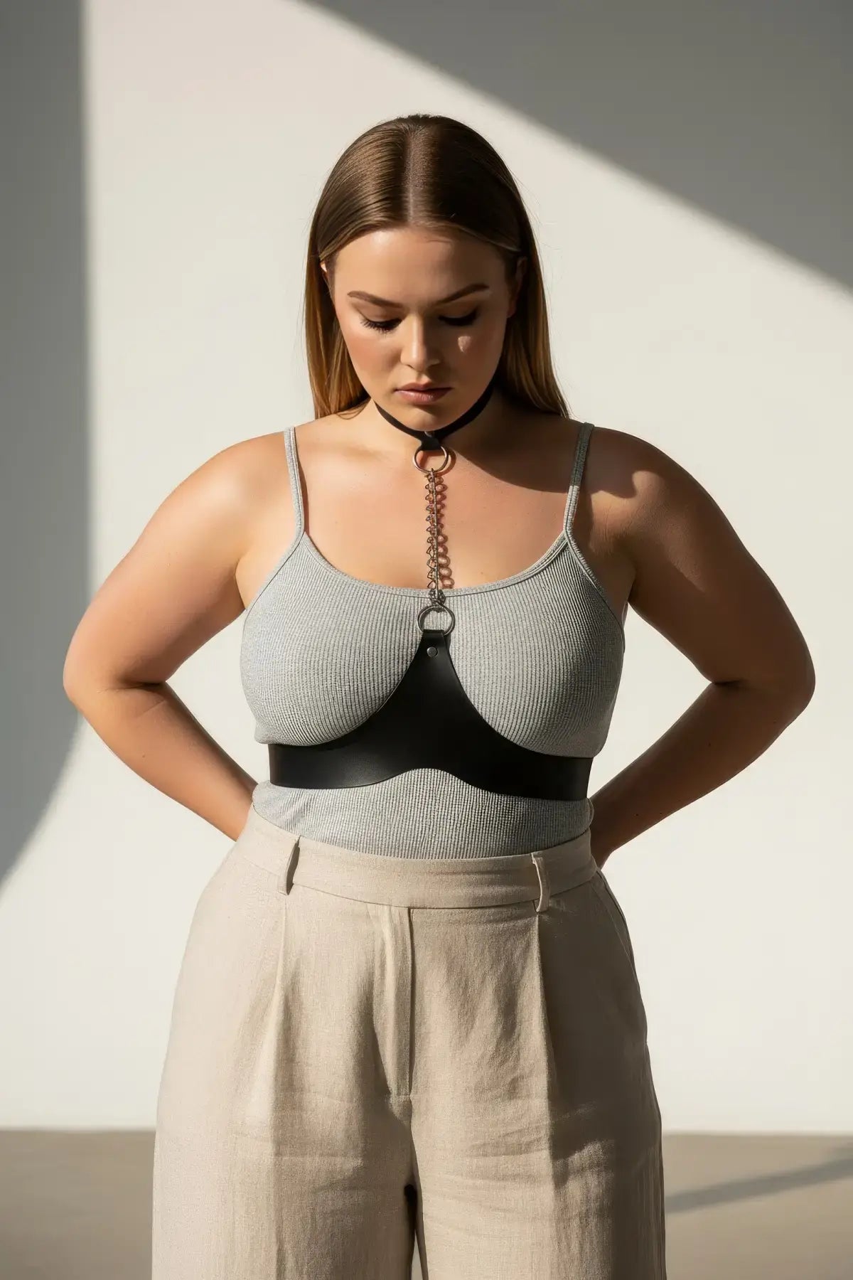 Plus Size Black Leather Body Belt with Chain Detail by HarnessClub