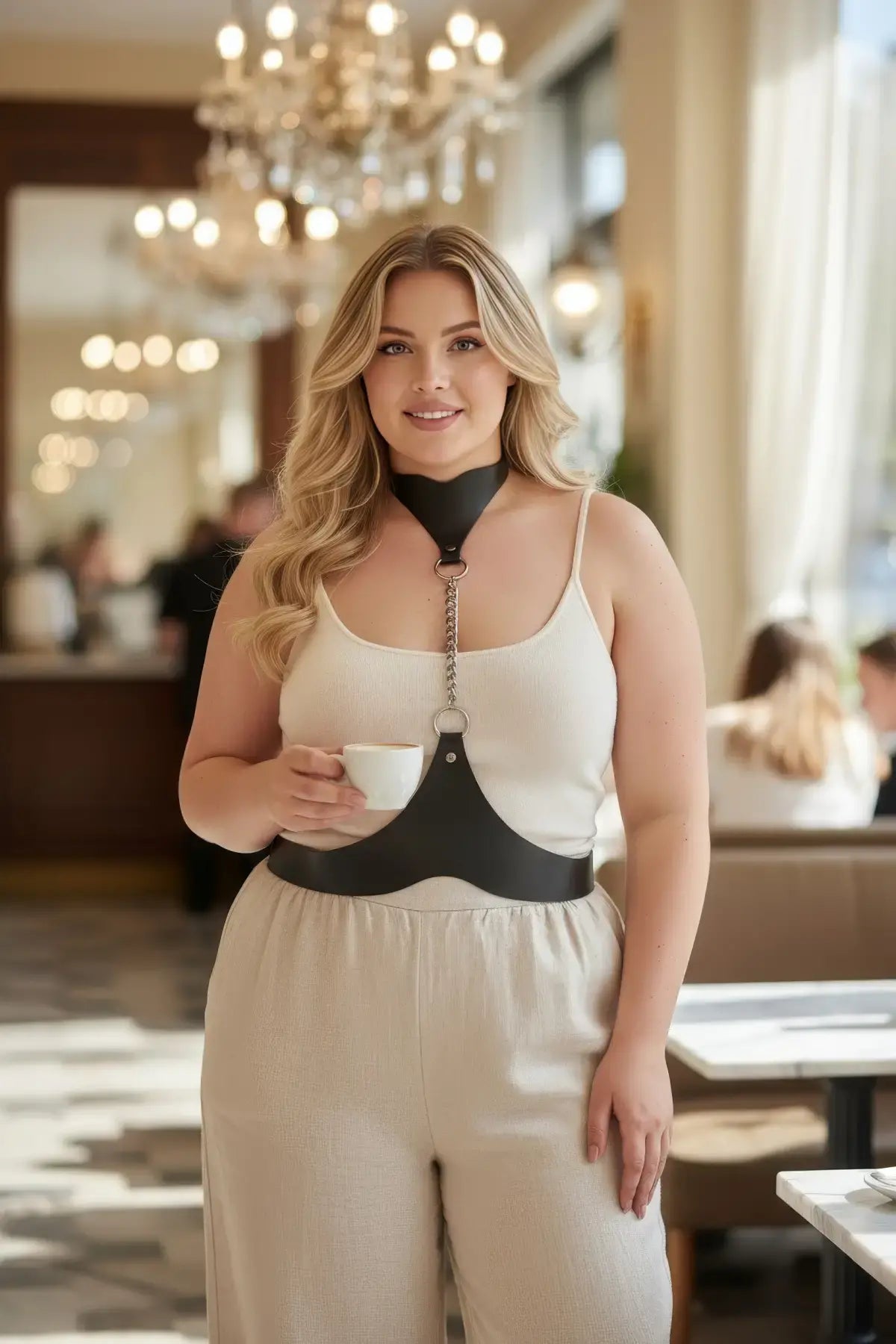 Plus size black leather body belt with chain detail worn at the waist, connected to a neck-chain collar via metal ring.