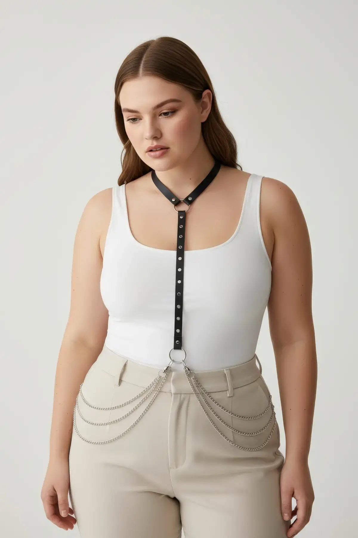 Plus-size black leather-look body belt with chain detail by HarnessClub