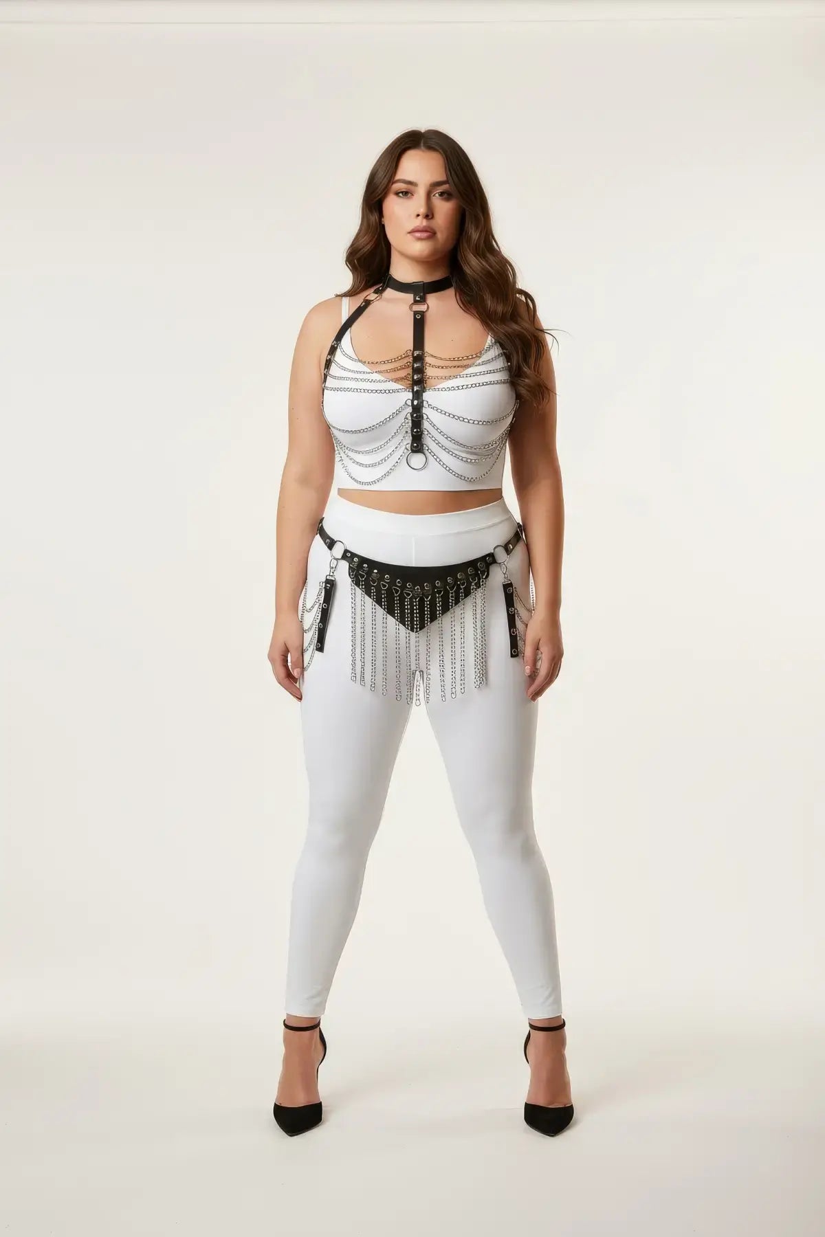 Plus-size black chain-drape & chain-fringe harness set by HarnessClub on model; vegan leather body accessory