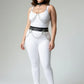 Plus-size black chain-drape collar and belt harness; vegan leather set with silver chains worn by model.