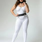 Plus Size Black Chain-Drape Collar & Belt Harness in vegan leather, worn over a white bodysuit.