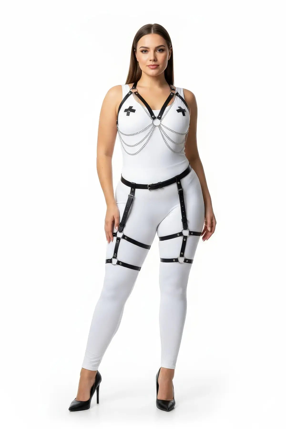 Plus-size black chain-drape and thigh-cage harness set by HarnessClub on white bodysuit with silver chains