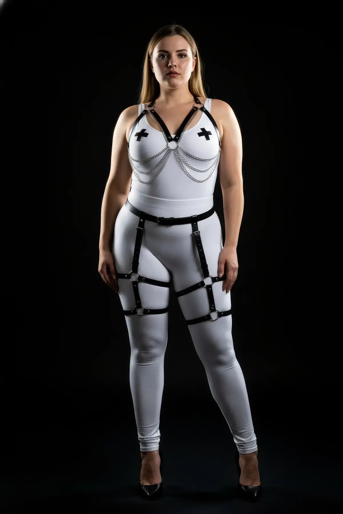 Plus-size black chain-drape thigh-cage harness set in vegan leather with silver chains