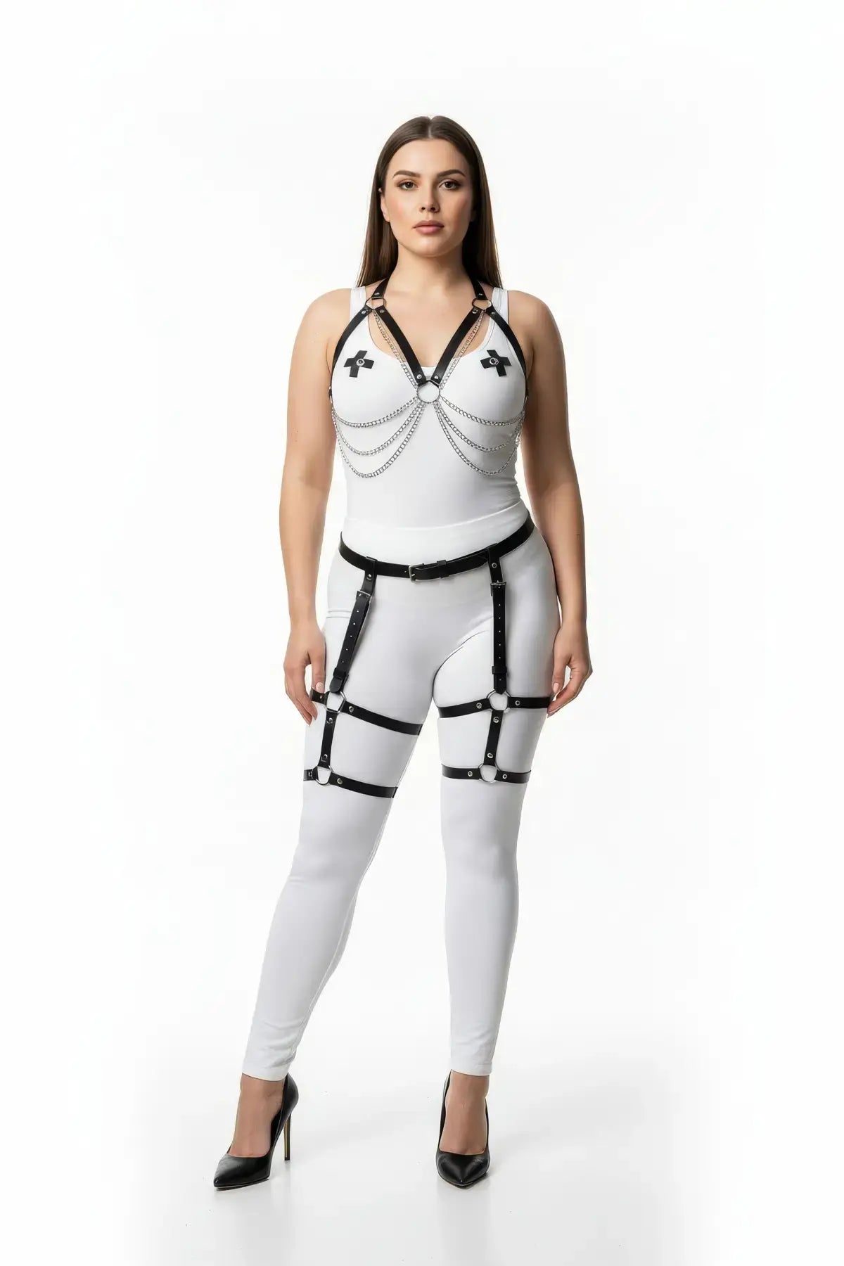 Plus Size Black Chain-Drape & Thigh-Cage Harness Set on white vegan-leather bodysuit; silver chains and thigh straps