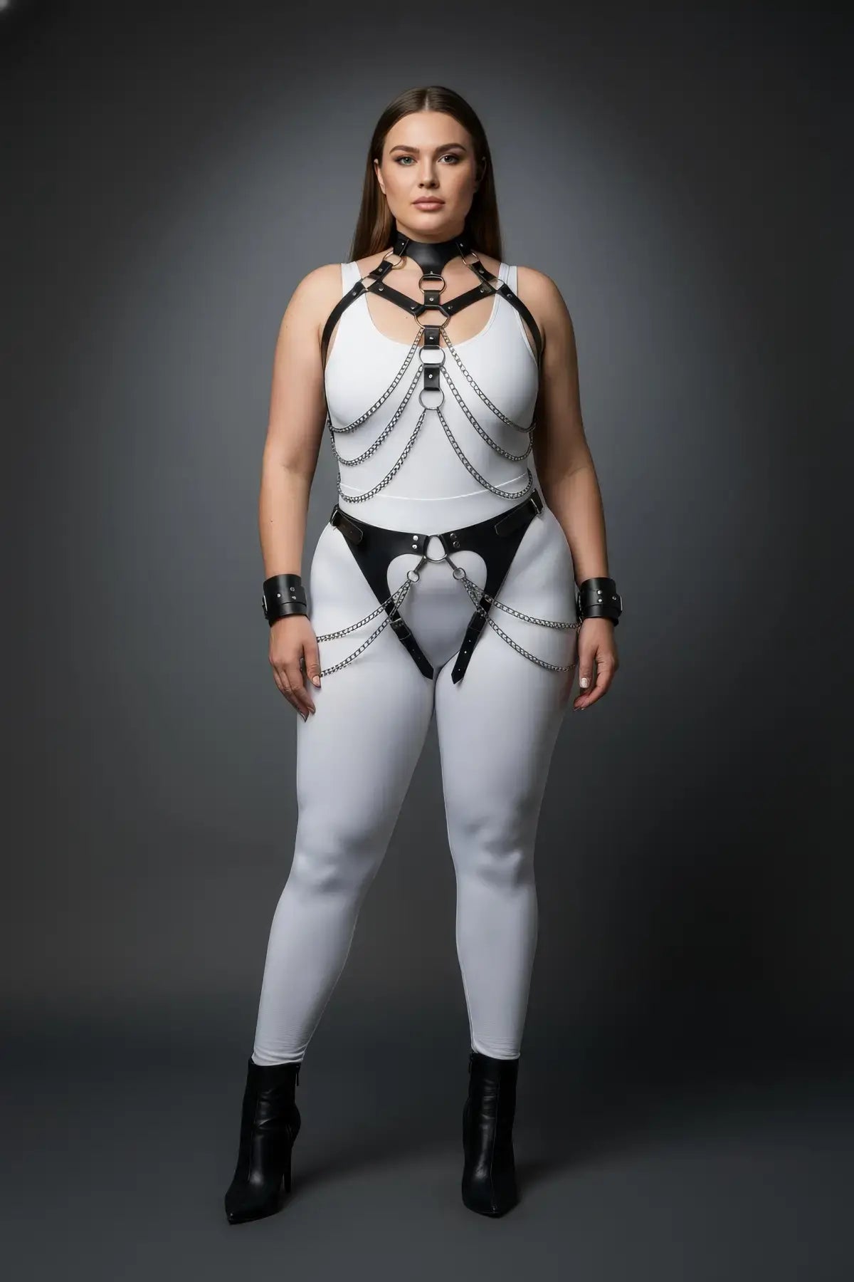 Plus Size Black Chain-Draped Collar Harness Set by HarnessClub; vegan leather with silver chains.