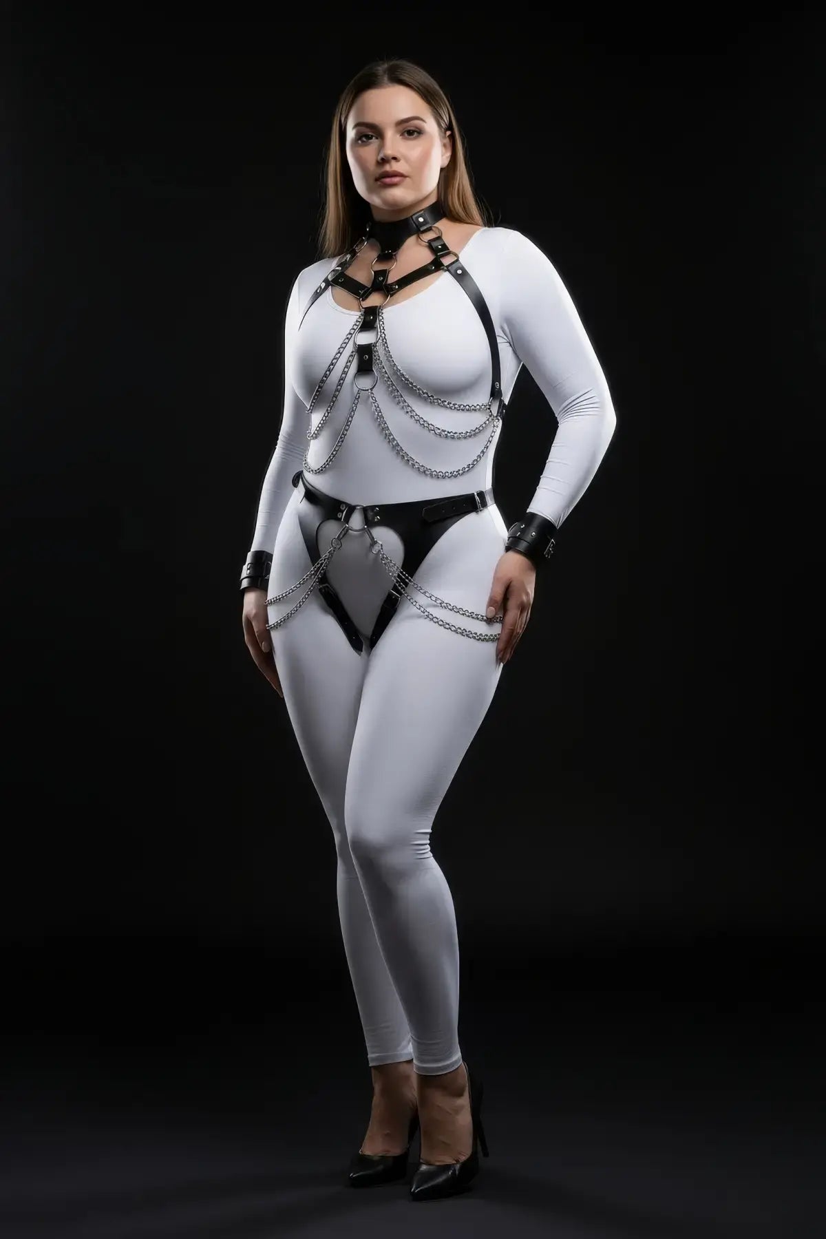 Plus size black chain-draped collar harness set worn over a white bodysuit with silver chains.
