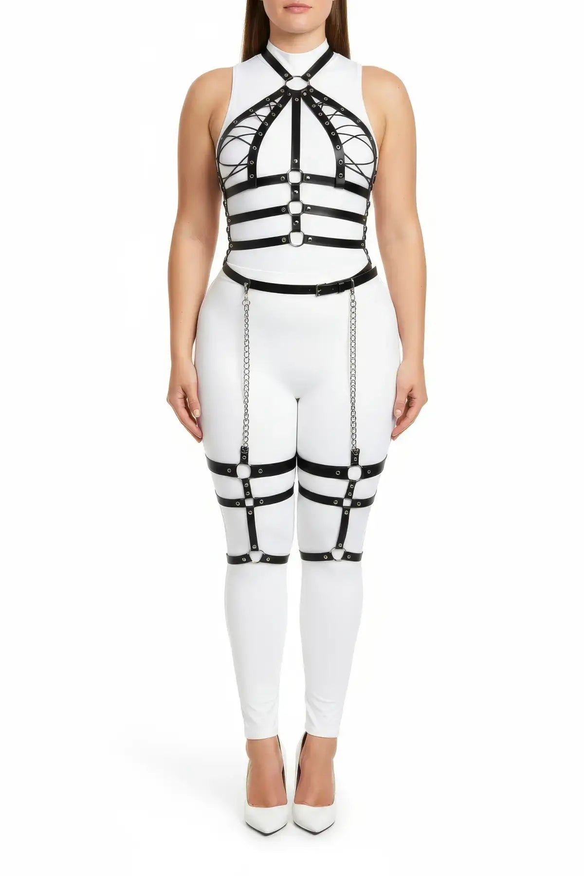 Plus Size Black Chain-Drop Full Body Harness Set by HarnessClub in vegan leather