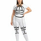 Plus-size black vegan leather full-body harness set with leg chains worn by model