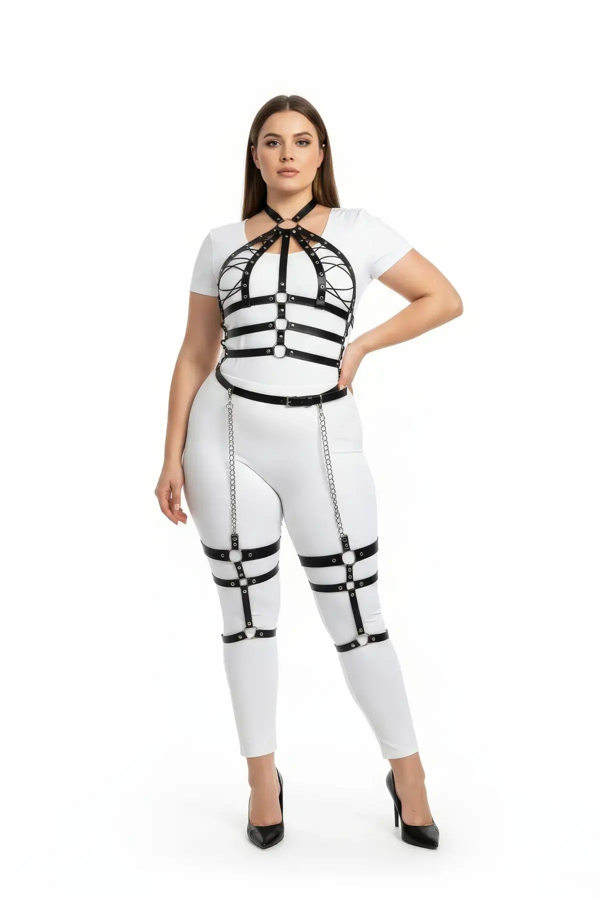 Plus-size black vegan leather full-body harness set with leg chains worn by model