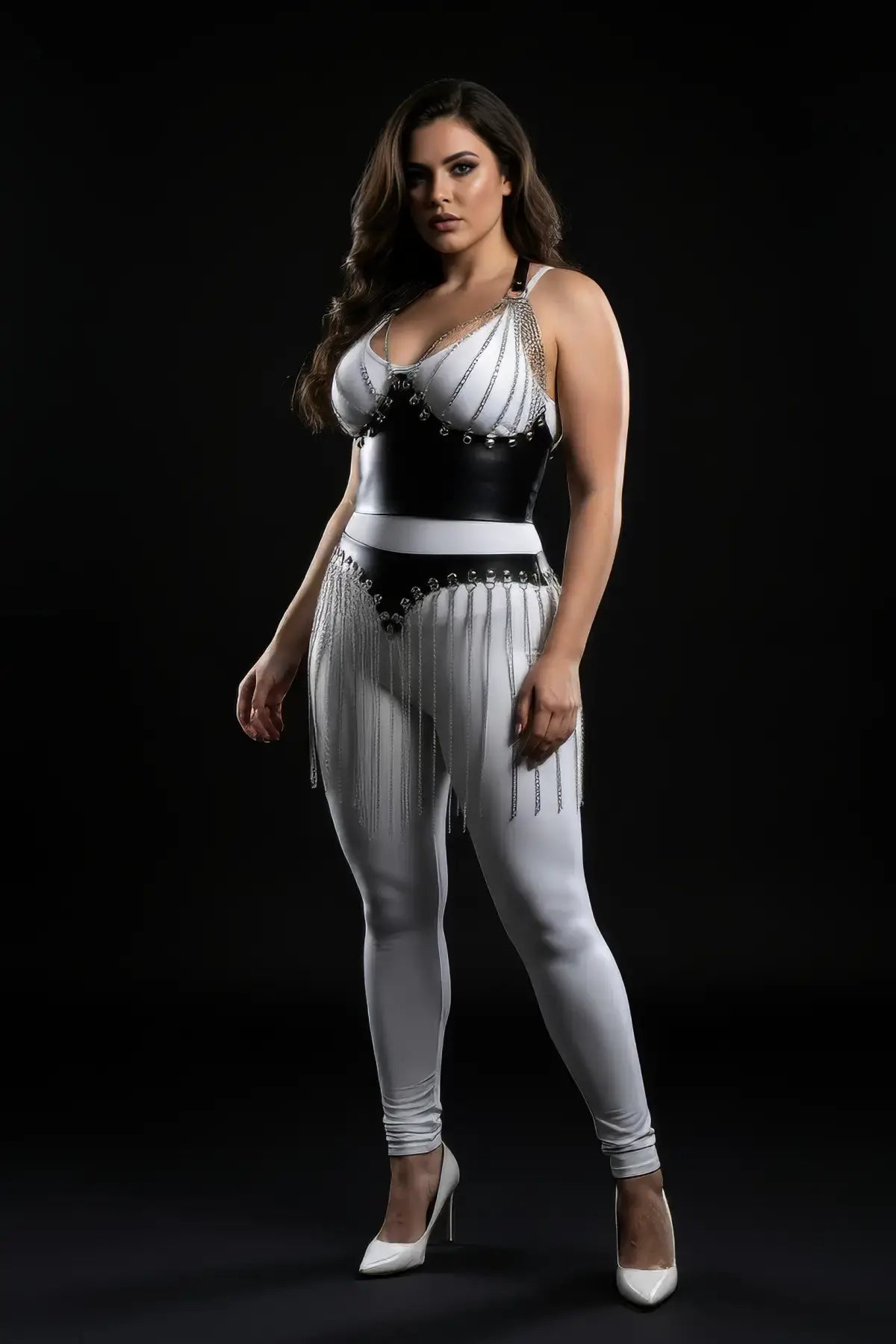 Plus-size black vegan-leather bralette and fringe-skirt two-piece set with silver chain details