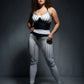 HarnessClub Plus Size Black Chain-Fringe Bralette & Skirt Set in vegan leather with silver chains