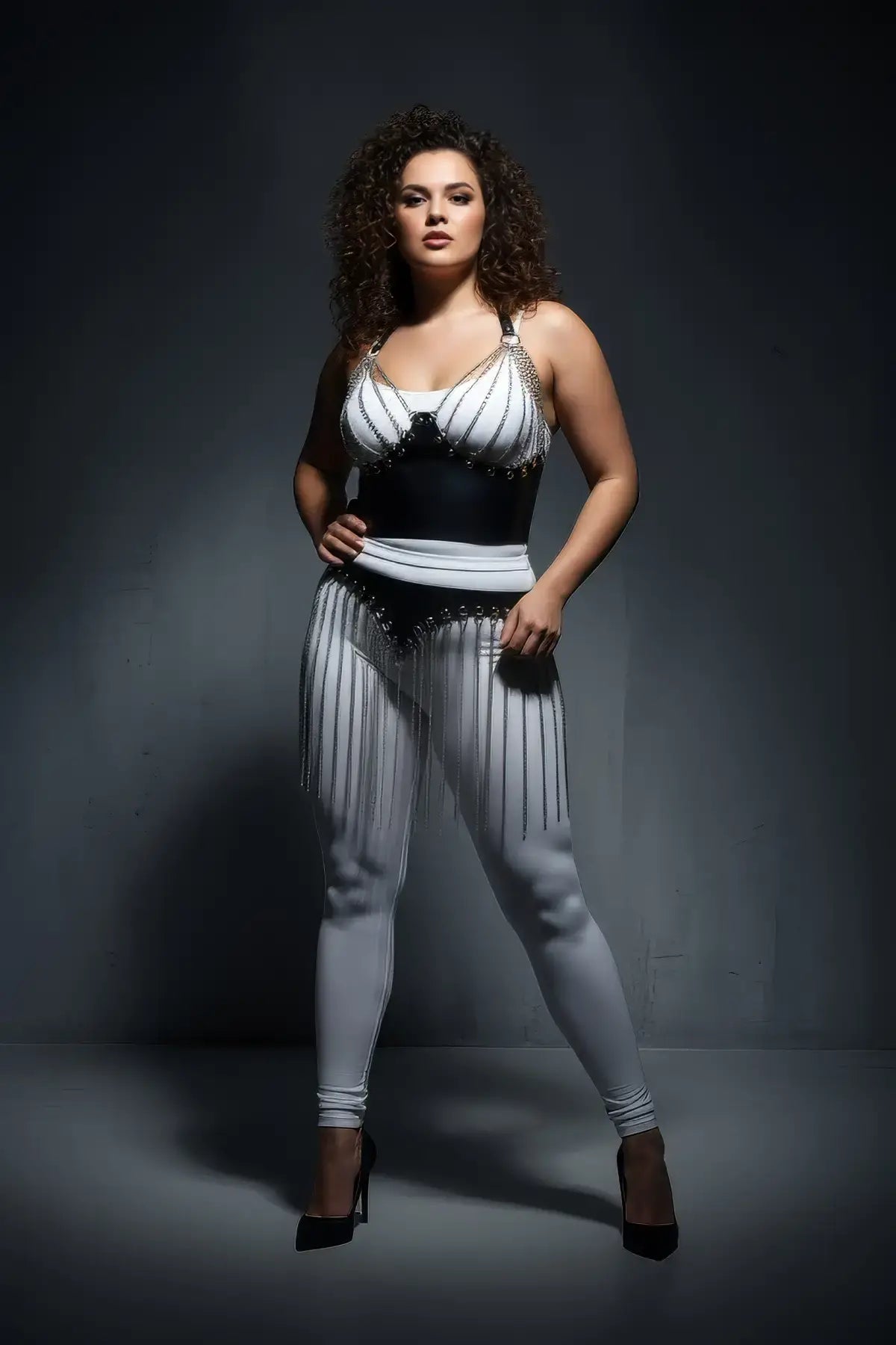 HarnessClub Plus Size Black Chain-Fringe Bralette & Skirt Set in vegan leather with silver chains