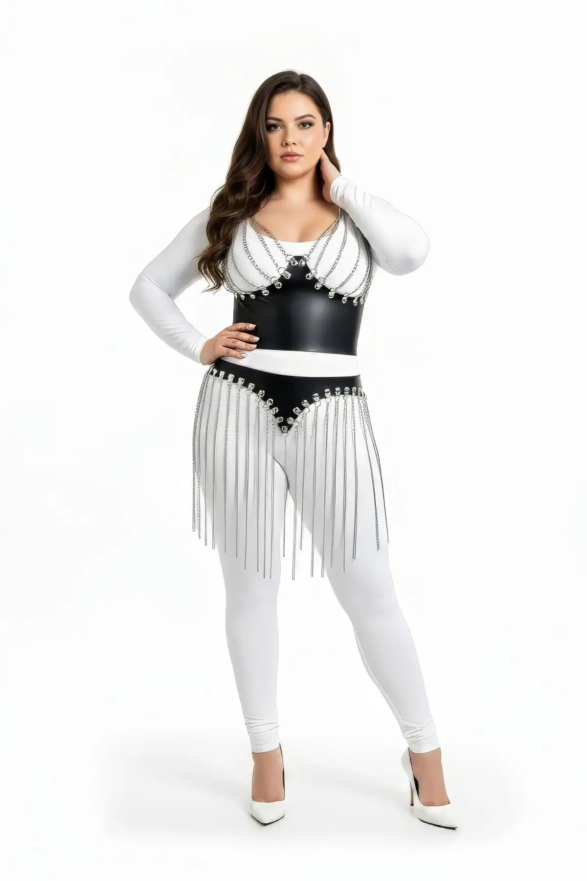 Plus-size 2-piece black vegan-leather bralette and fringe skirt set by HarnessClub with silver chain detailing