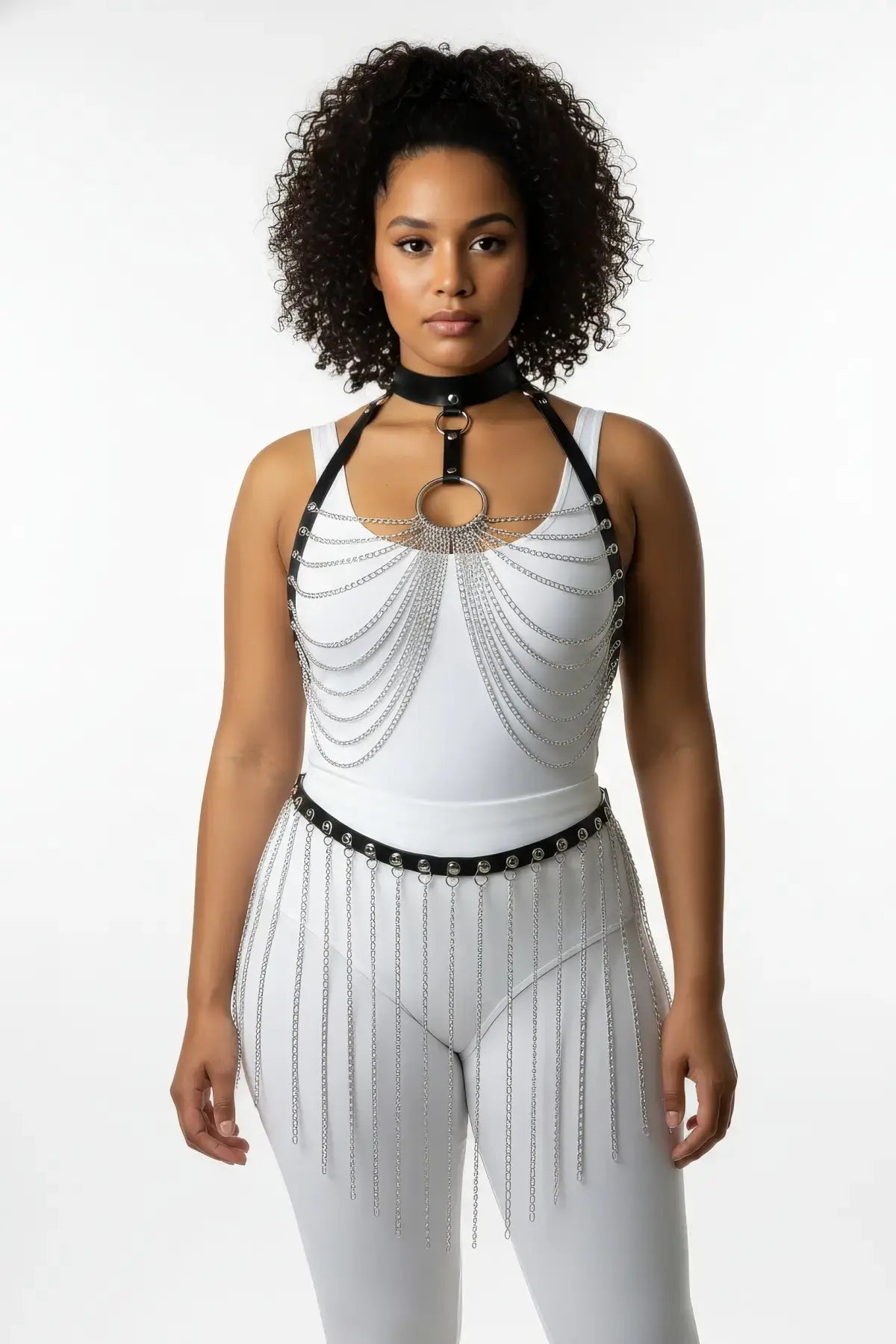 Plus-size black vegan-leather chain-fringe collar and waist harness set from HarnessClub, with cascading silver chains.