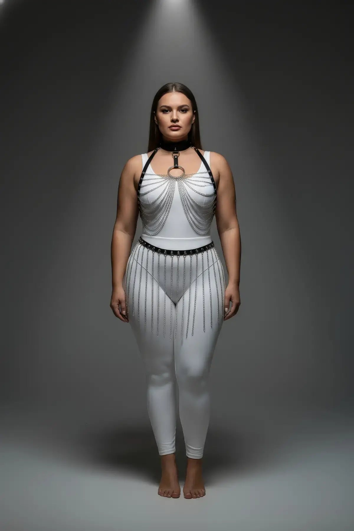 Plus-size black vegan-leather collar and waist harness with cascading silver chains by HarnessClub