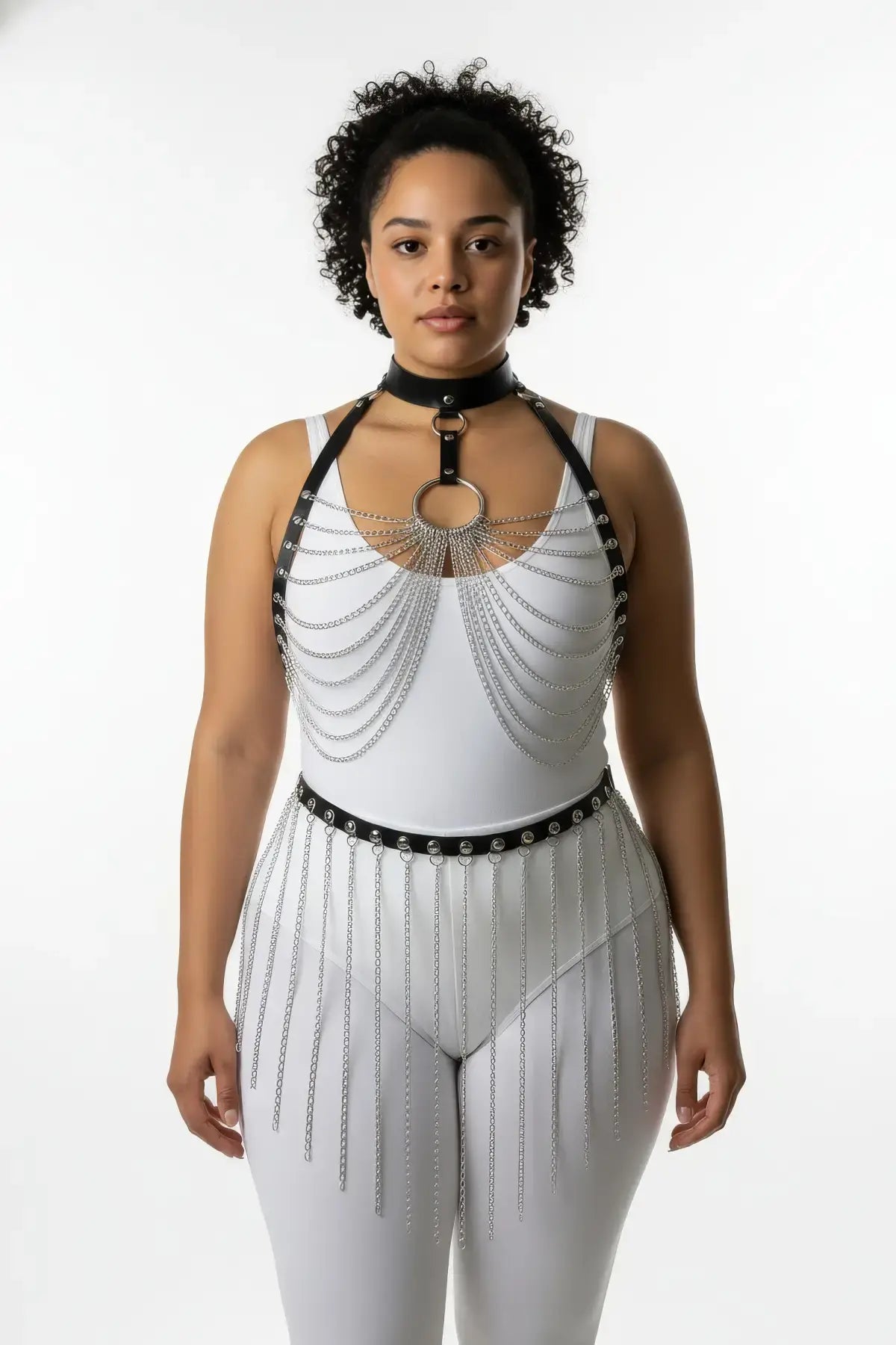 Plus Size Black Chain-Fringe Collar & Waist Harness Set by HarnessClub, vegan leather with silver chains.