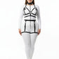 Plus size black vegan-leather chain-link harness set with garter belt and choker on white bodysuit