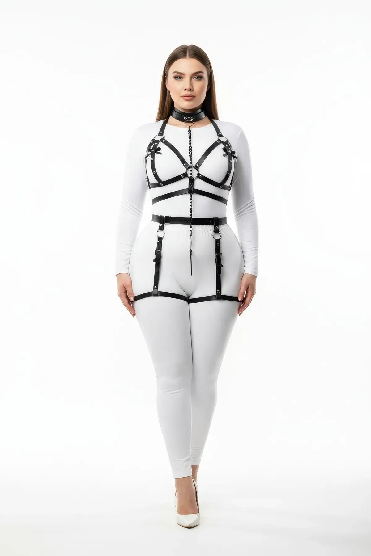 Plus size black vegan-leather chain-link harness set with garter belt and choker on white bodysuit